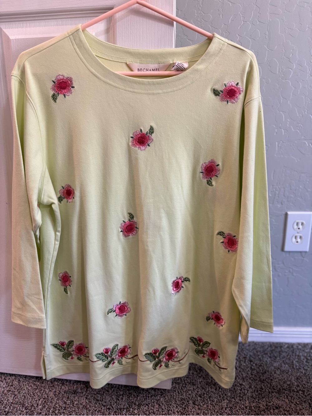 Bechamel Light Green Short Sleeve Top with Pink Floral Embroidery